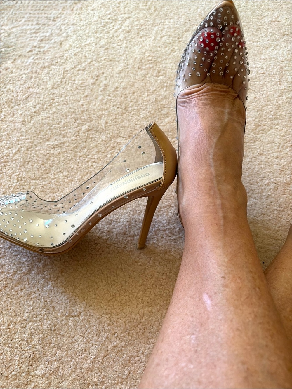 Cushionaire Clear Pointed Rhinestone Pump in Nude